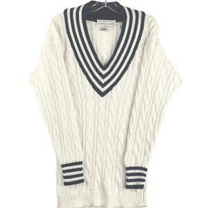 Vittadini Tennis/ cricket v neck cable sweater large white navy trim unisex